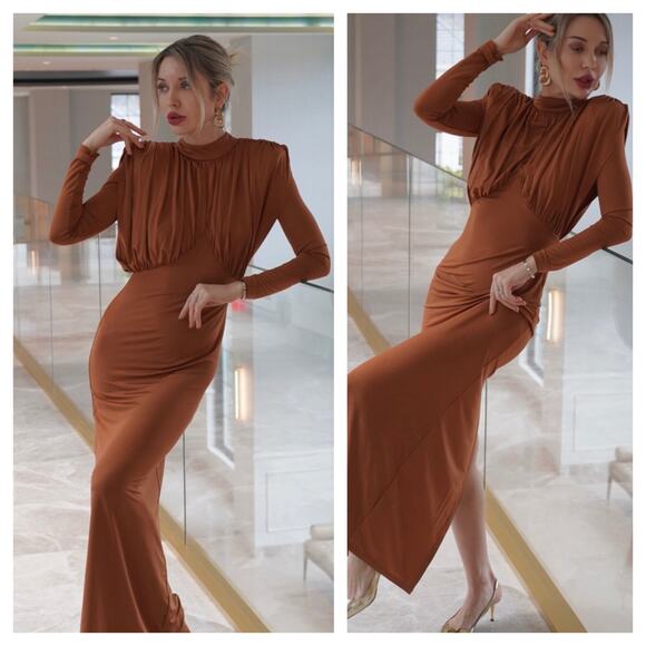 L'ACADEMIE Kemia Maxi Dress Small Brown Jersey Long Sleeve Wedding Revolve Chic - Picture 8 of 16